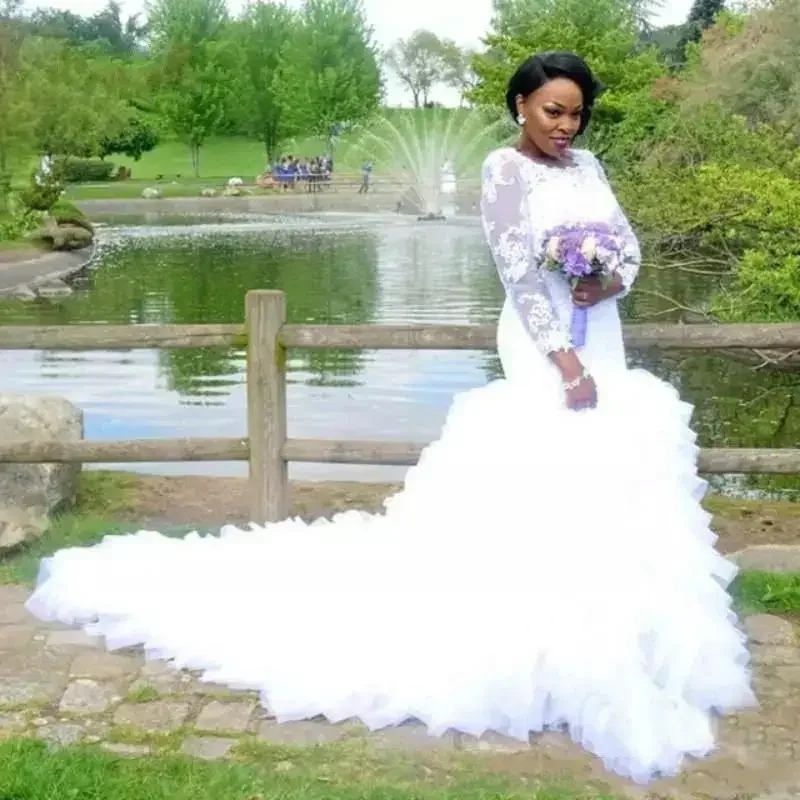 

Customized Nigeria South African Mermaid Wedding Dresses With Long Sleeve Plus Size Vintage Lace Appliques Chapel Train Bridal G