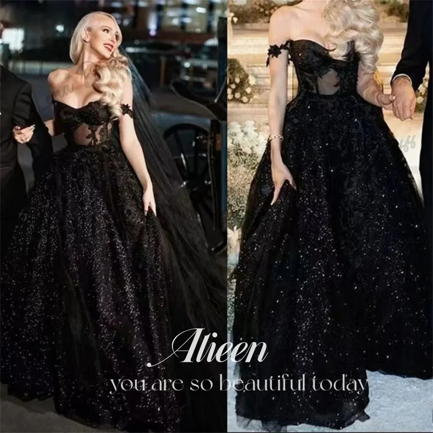 

Aileen Black Shiny Off-shoulder A-line Lace Party Dress Women Elegant Luxury Suitable Dresses on Request Prom Clothes Gala Woman