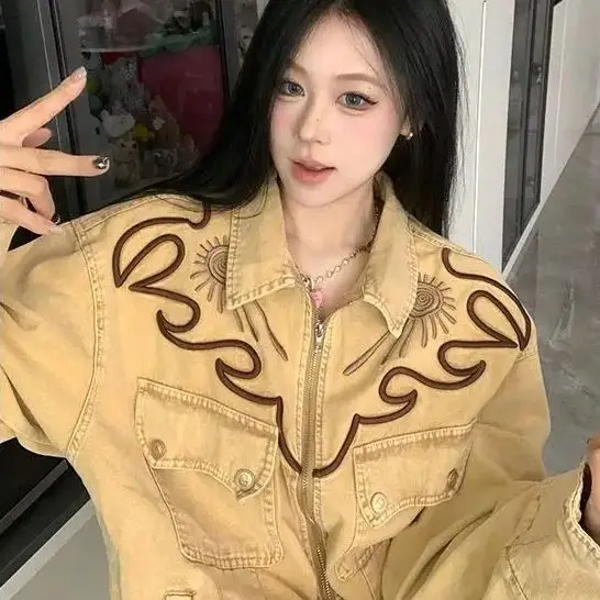

American Retro Western Denim Jacket Spring Autumn New Women'S Zipper Jacket Loose Personality Lazy Style Design Long-Sleeved Top
