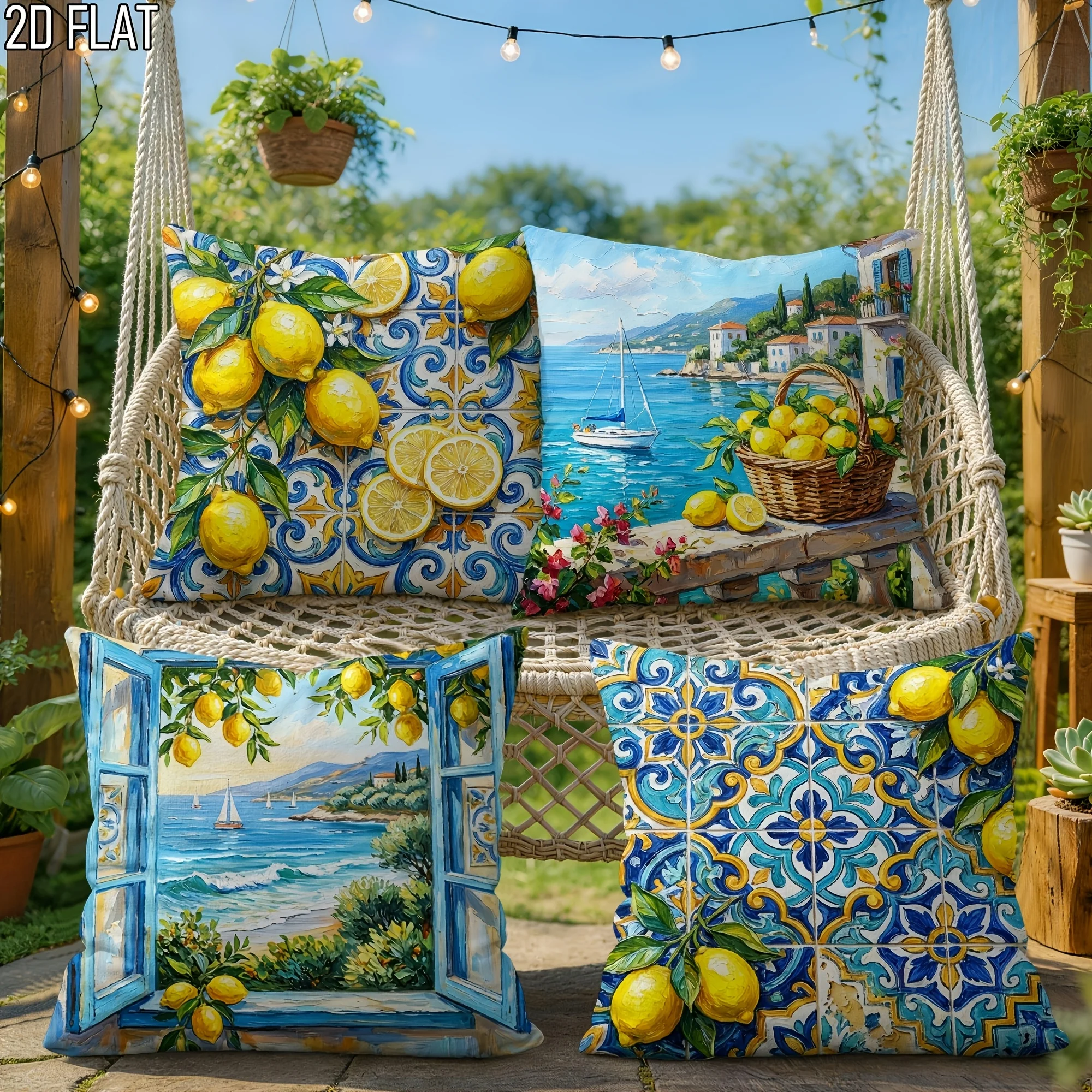 Luxurious 4 Piece Lemon Print Pillow Cover Set Mediterranean Coastal Summer Throw Cushion Ocean Style Nautical Decor Polyester