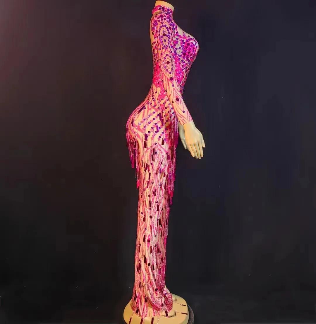 ชุดเดรสยาวสีน้ำเงินประดับเลื่อมและคริสตัลรูปทรงเซ็กซี่สำหรับงานแสดงบนเวที งานวันเกิด งานแสดง งานพรอม งานปาร์ตี้ เหมาะสำหรับนักเต้น นักร้อง และผู้หญิง