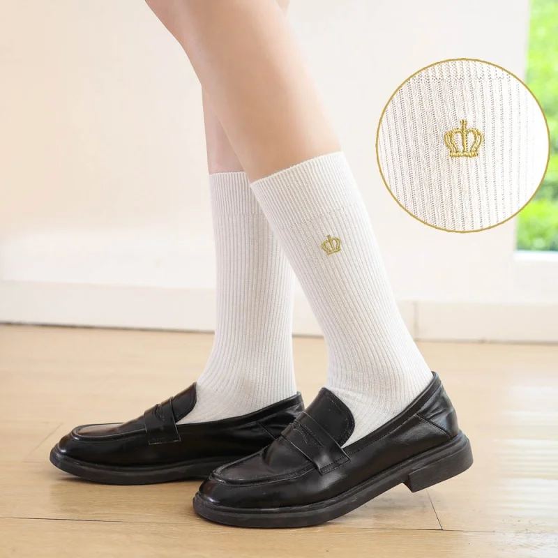 Japanese College Style Women's Socks Crown Embroidery Tube Socks Pure Color All-Matching Calf Socks JK Uniform Bunching Socks Fe