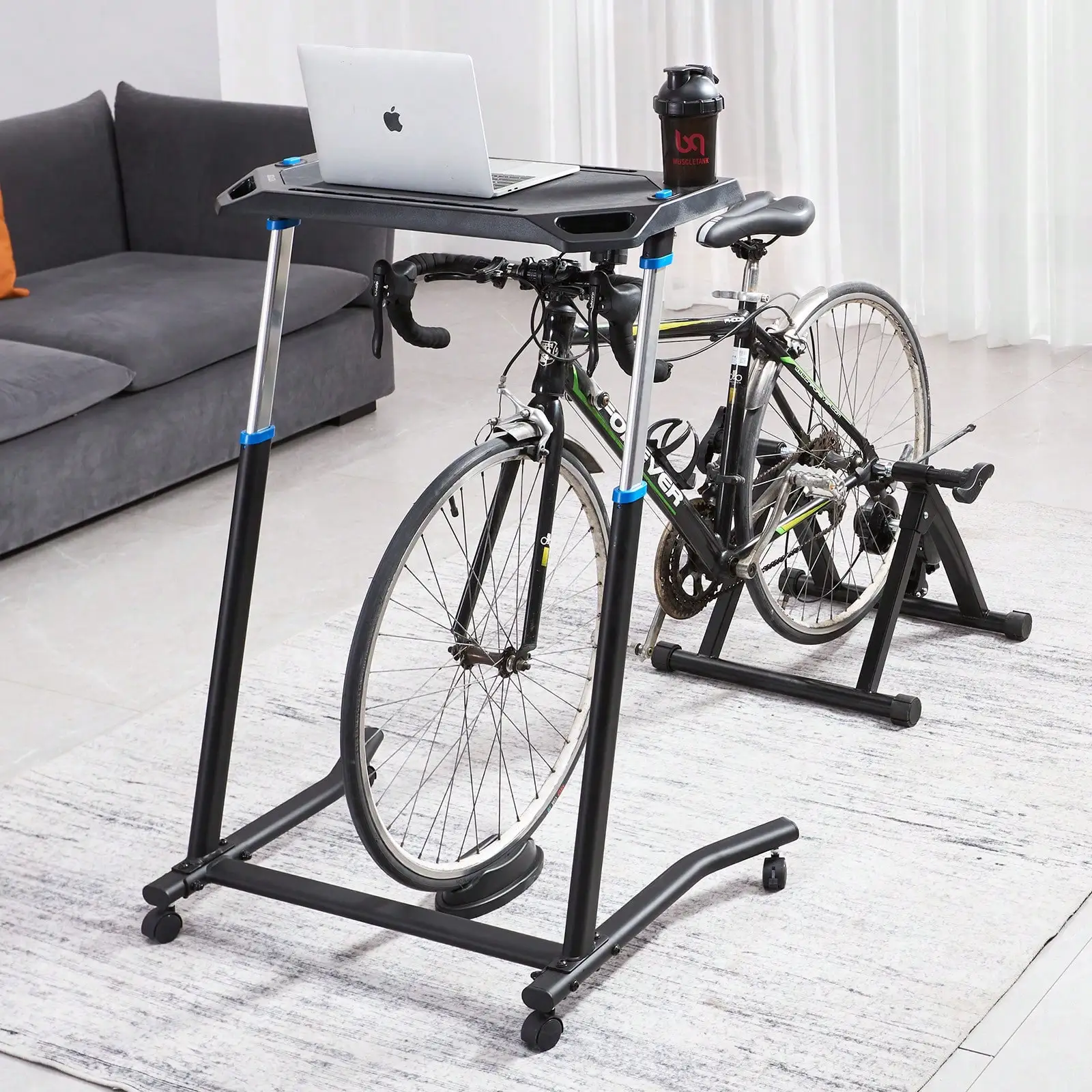 Cycling Desk, Mobile Foldable Multi-Functional Bike Trainer & Treadmill Desk With Lockable Wheels, Non-Slip Multi-Slot Bike Trainer Fitness Desk With Handle Bar, Fit For Home Office Exercise