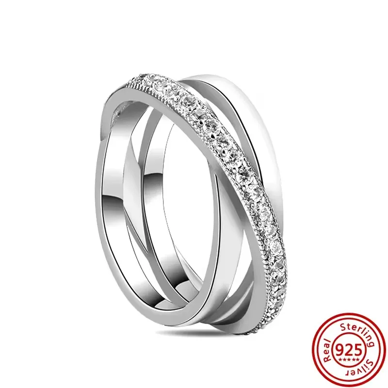 แหวนเงินแท้ 925 ประดับคริสตัลเพทายสองชั้น ดีไซน์วงแหวนซ้อนกันได้ เหมาะสำหรับเป็นเครื่องประดับงานแต่งงาน งานหมั้น หรือเป็นของขวัญ