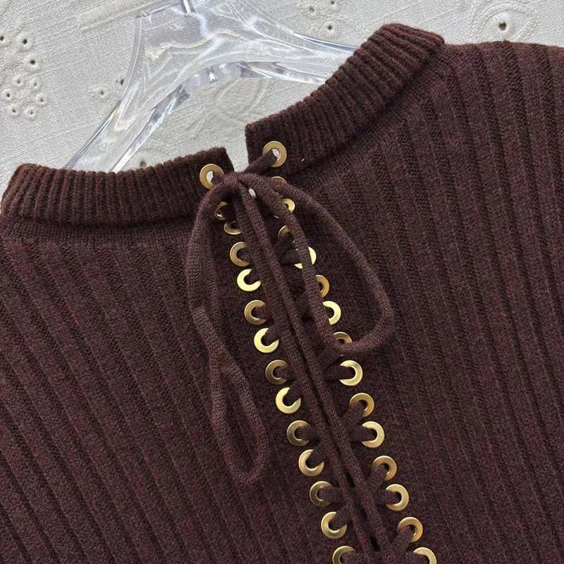 سترة نسائية، بلوفر خلفي برباط أمامي، بلوزة متماسكة عصرية برقبة دائرية وأكمام طويلة، بلوزة من مزيج الصوف عالي الجودة، 2025، y2k