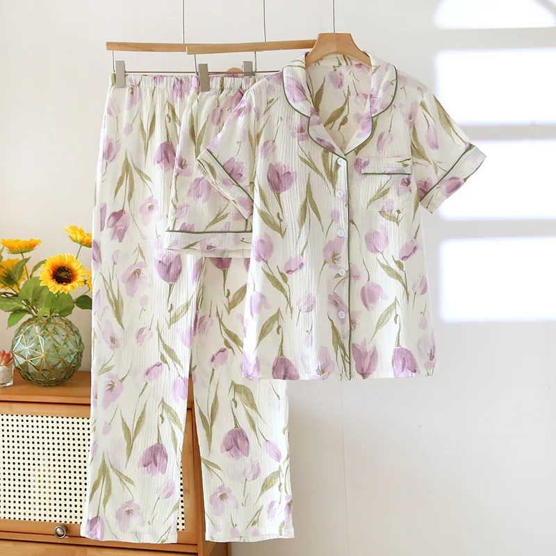 

2026 New Women's Spring/Summer Pajama 3-Piece Set 100%Cotton Crepe Short Sleeve+Shorts+Pants Cute Large Home Furnishing Clothing