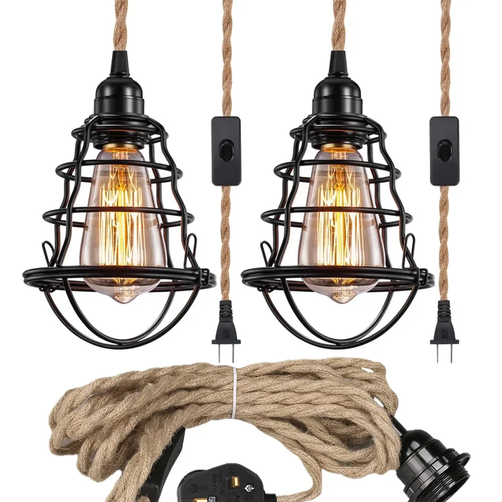 2.5m-6.7m Hanging Pendant Light Kit with Switch Plug Socket E27 Compatible Vintage Farmhouse Lamp Hemp Rope Cable Rustic Decor