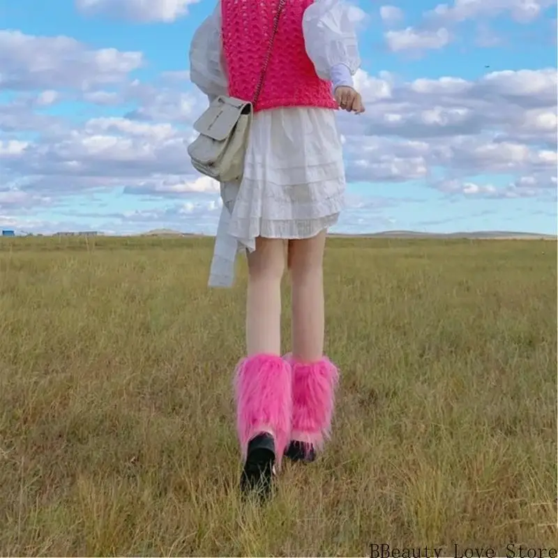 غطاء الحذاء الفراء فو هاراجوكو الورد الأحمر فروي الساق دفعة الجوارب الشتوية للنساء #6