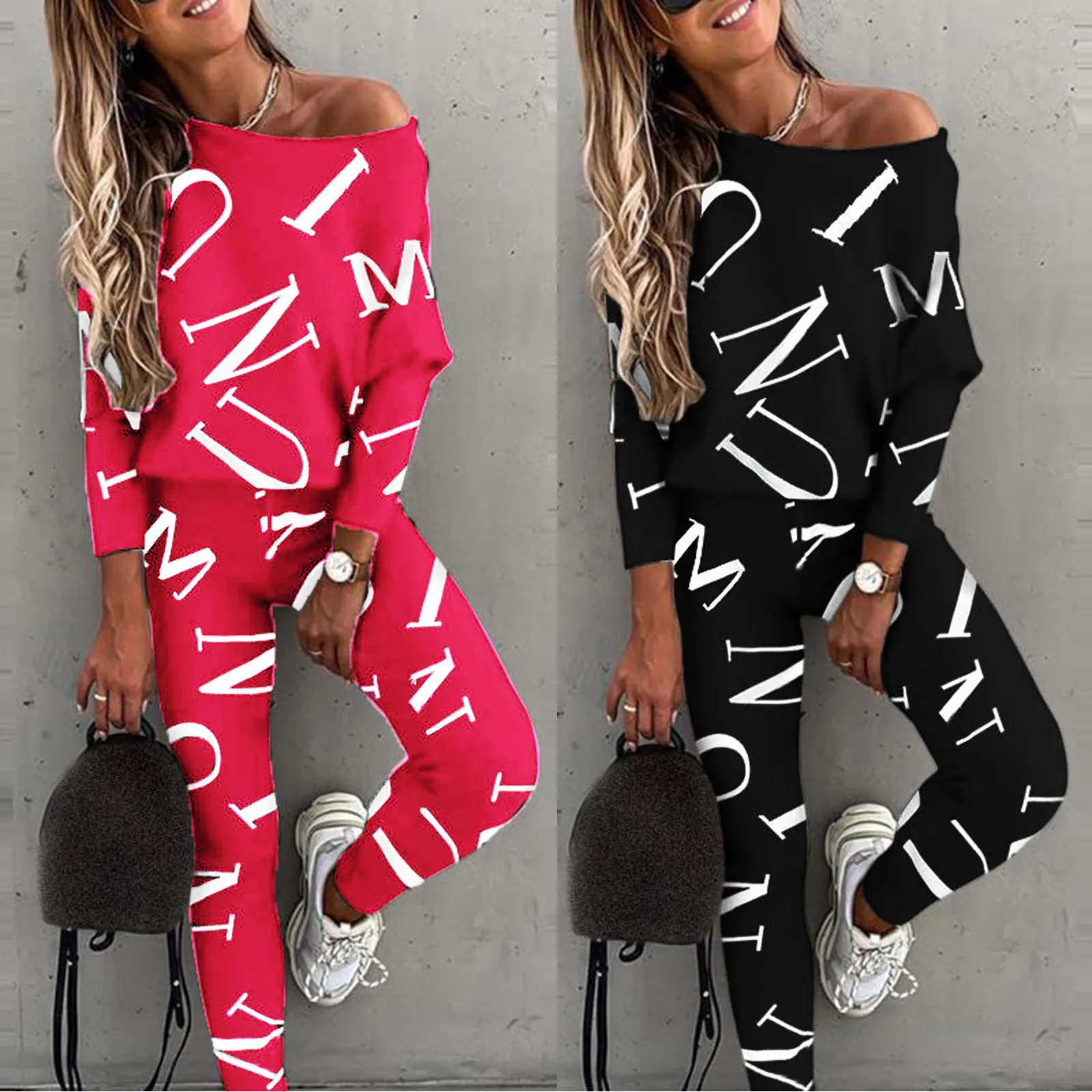 Women\'s Casual Fashion Letters Printed Bat Sleeve Long Pants Leisure Sports Suit Casual Loose Versatile Two Piece Set Outfit