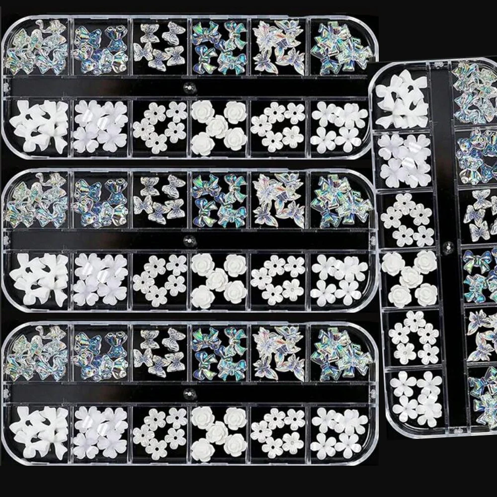 2 Pudełka Mieszanych Mini Diamentów + Kwiatów z Żywicy + Perłowych Ozdób do Paznokci, 12 Przegródek, Różne Rodzaje Akrylowych Kwiatów/Koralików, Elementy do Samodzielnego Wykonania Ozdób do Paznokci