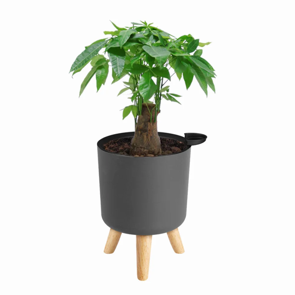 Self Watering Modern Flower Pot Round Plastic Planter With Wooden Legs Minimalist Container For Indoor Home Decor