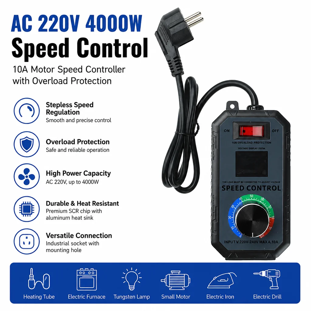 4000W Motor Speed Controller 10A AC 220V High-Power SCR Voltage Regulator for Fans Angle Grinders Industrial Use