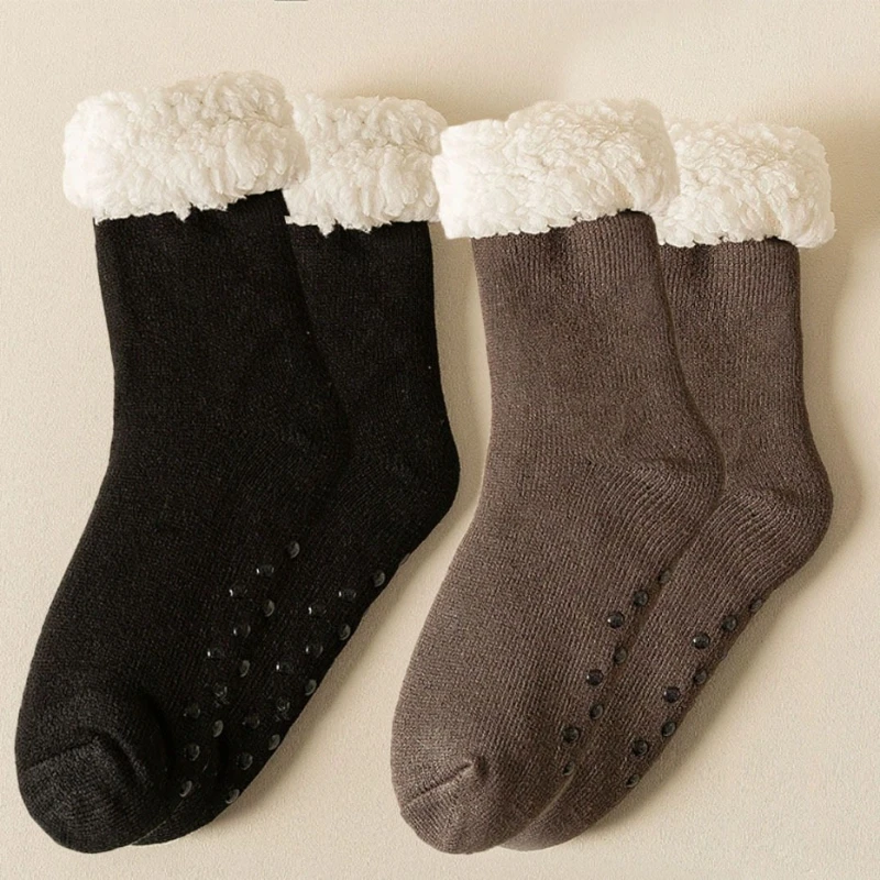 

2 pairs of thick non slip floor socks with plush and thick insulation for home sleep. Floor socks are suitable for indoor warmth