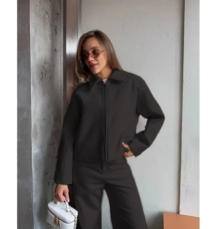 Outono inverno nova lapela manga longa zíper casaco de lã europeu americano moda solta casual