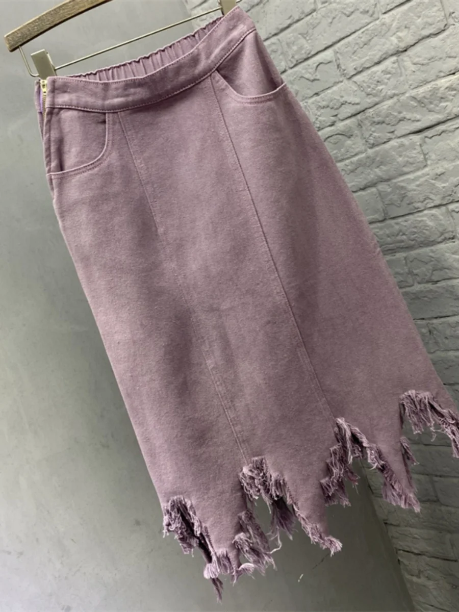 大サイズフリンジガール夏の新ハイウエストルーズ不規則なデニムスカートエレガントなパープルロング A ラインシンプルな多用途スカート