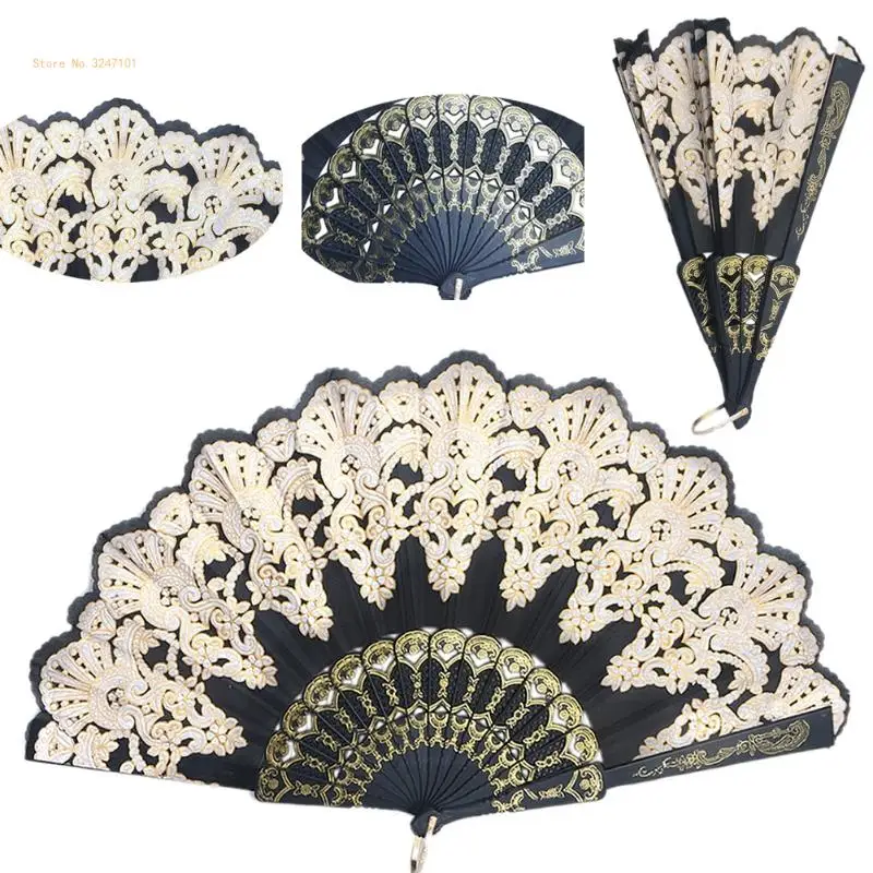 Black Spanish Wedding Lace Silk Folding Hand Held Flower Fan Dropship