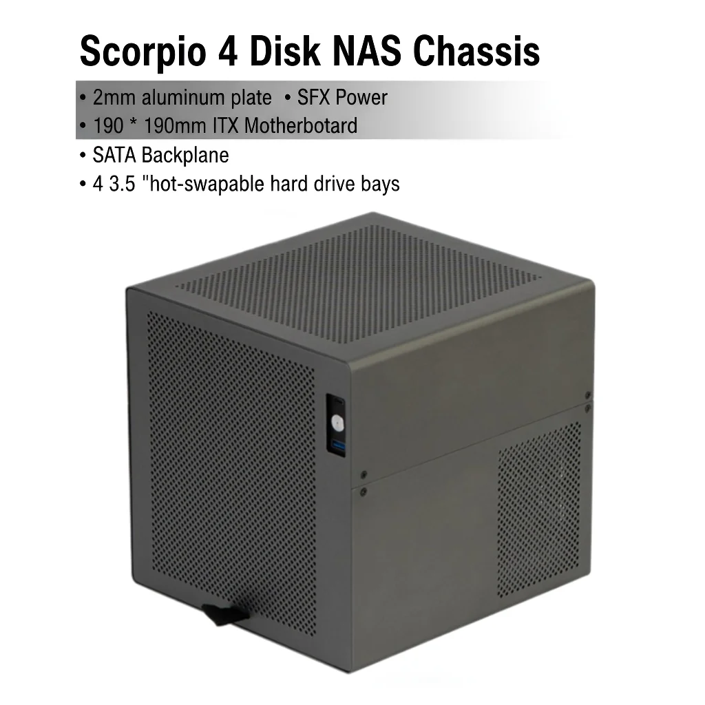 Scorpio 4-disc NAS Chassis Case Aluminum Shell SFX Power ITX / MATX Motherboard, 1.5mm Aluminum Frame
