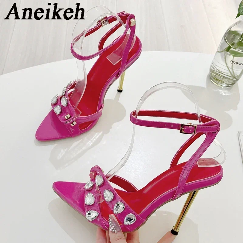 Aneikeh Thin Heels Head Pointed Toe Bling Sandals Party Women Pumps Shoes Totem Buckle Strap Summer Fashion PU Metal Decoration