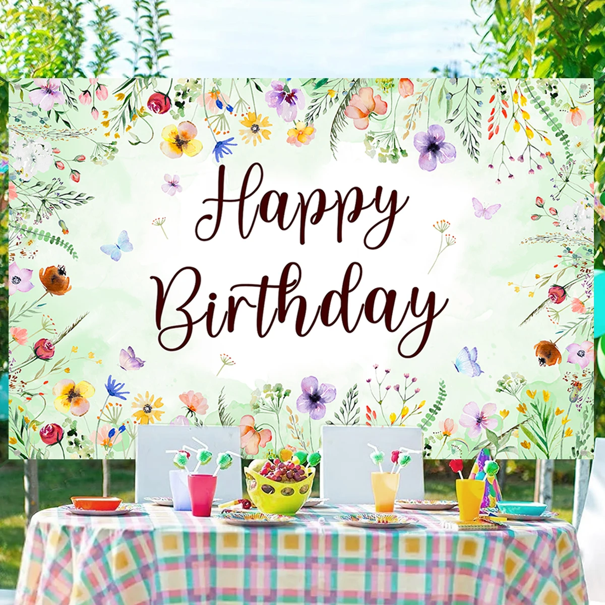 

Birthday Background Wildflower Backdrop Photo Booth Backdrop Hanging Flag Happy Birthday Party Decoration Background Banner