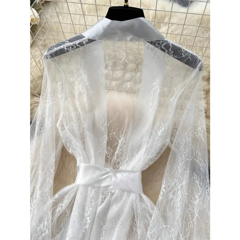 Elegant Long Sleeve Long Lace Robes Hollow Out Nightdress Sheer Robes Dress Transparent Ultra-thin Bridal Robe Appointment view 4