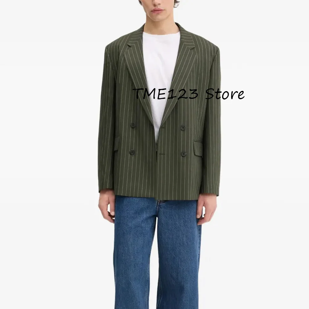 

Men's Jackets for Suit Double-breasted Flap Pockets Casual Notched Lapels Striped Fabric Elegant Mens Jackets Fashion Classic