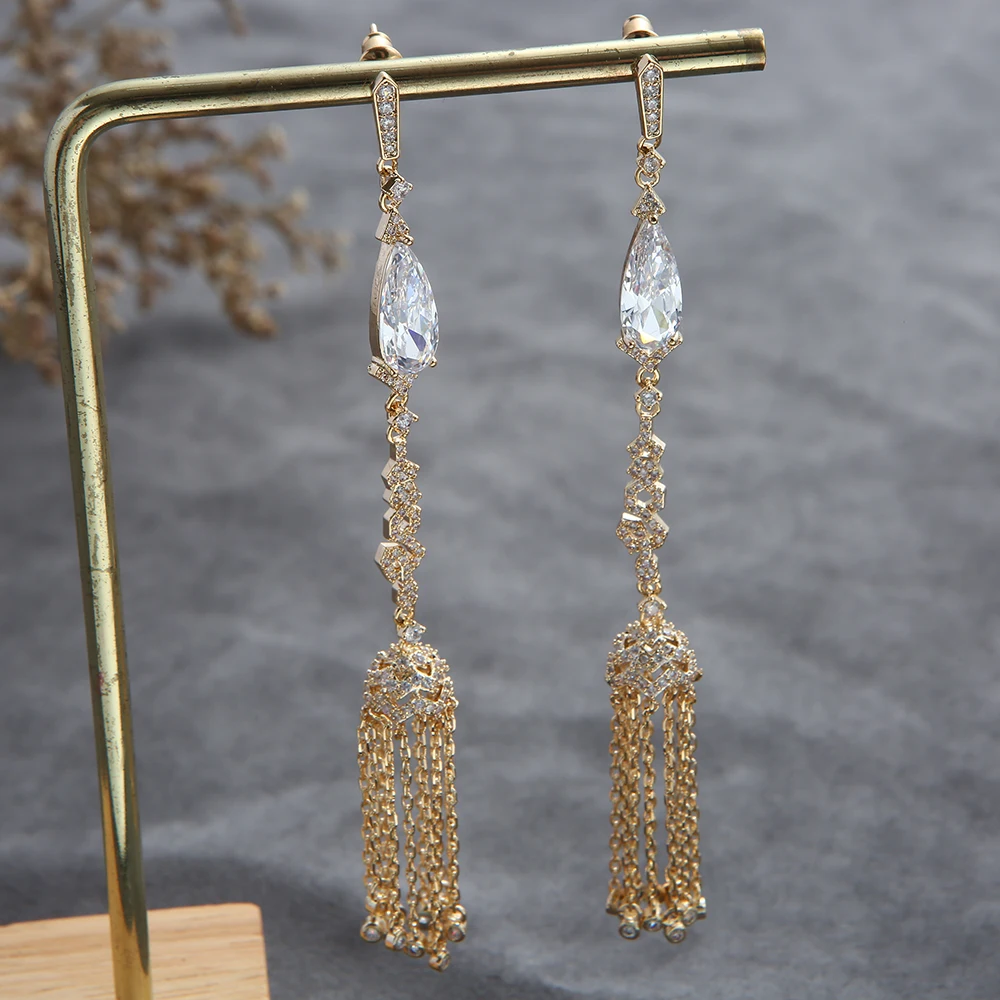 

100mm Trendy Waterdrop Long Tassels Earrings For Women Wedding Party Indian Dubai Bridal Jewelry E9726