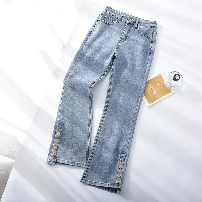 Elastic Jeans Women's Spring Autumn 2024 New Ladies Slim High waisted Flared Pants Female Denim Split cut Casual Trousers