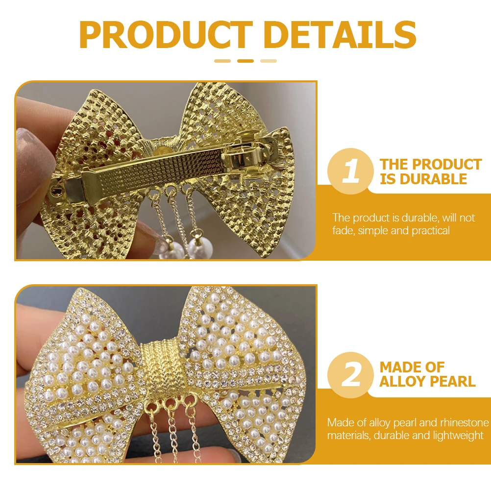 

Bow Hair Spring Clip Rhinestone Pearl Decor Lightweight Alloy Hair Clip For Party Daily Use Golden White