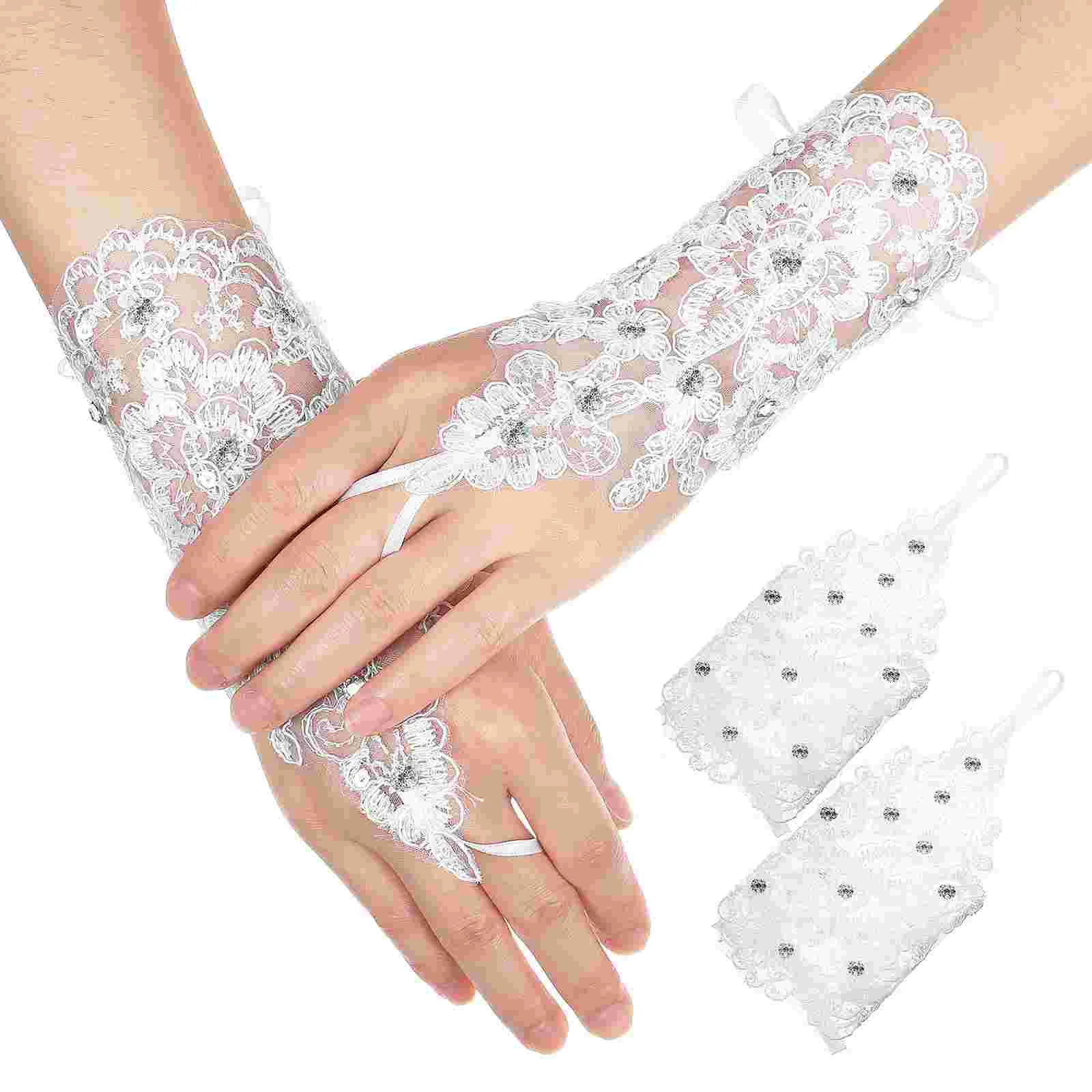 to Weave Rhinestone Bridal Gloves Dinner Party Short Lace Mesh Tulle Wedding Accessories