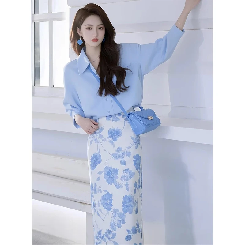 

Летний комплект Dopane Faion, женский новый комплект Sle Agel Chic, высококачественный синий комплект с юбкой с цветочным принтом