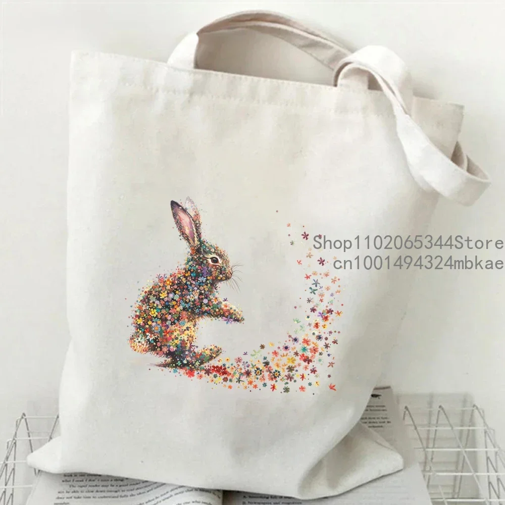 Canvas Tote Bag  Women Floral Watercolor Bunny Shopping Bag Cartoon Rabbit Graphic Student Casual Handbag Side Bag for Ladies