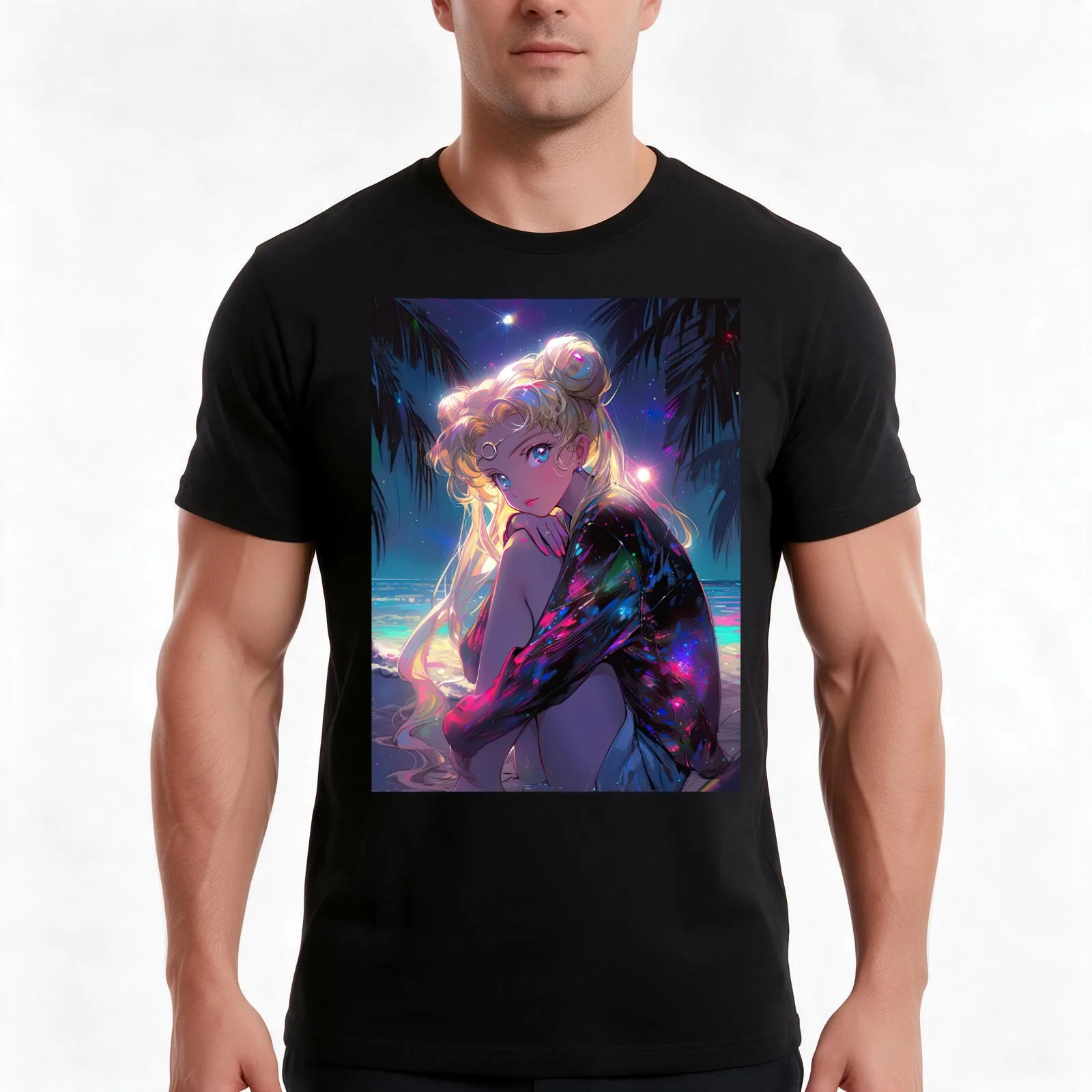 Night Usagi T-Shirt, Summer Casual Cotton Tee, Oversized Streetwear Tops, Vintage Graphic Print, Loose Fit Short Sleeve