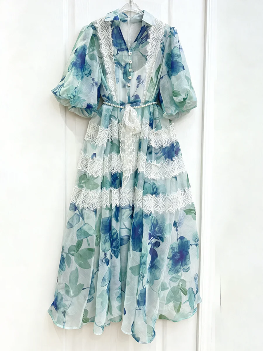 VGH Abito casual con stampa a catena di perle impiombate per donna Risvolto Manica lunga Manica a sbuffo Vita alta Abiti in maglia trasparente di pizzo Donna Nuovo