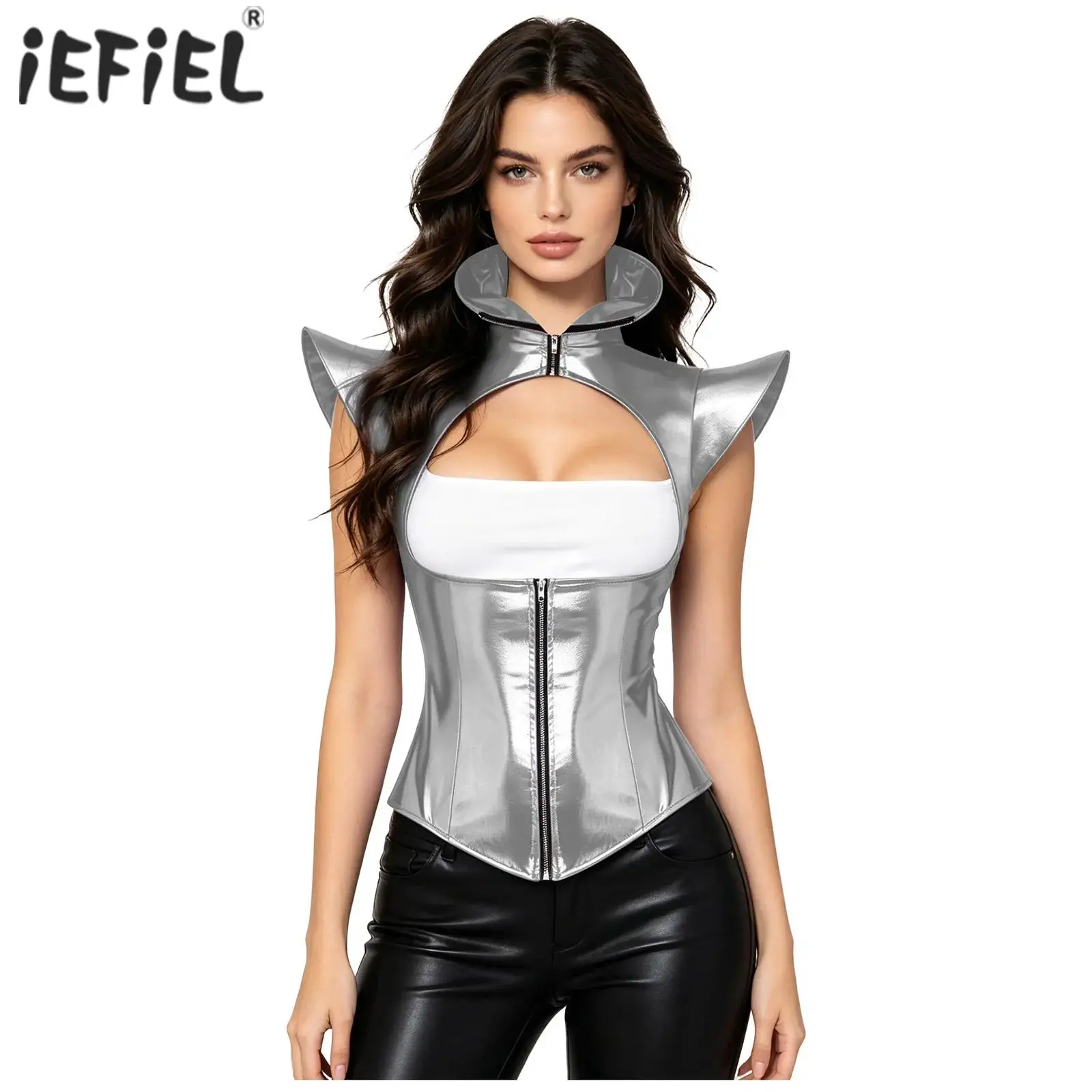 Womens Holographic Corset Tops Stand Collar Rave Party Performance Wear Fly Sleeve Front Cutout Zip-up Bustier Crop Top Clubwear