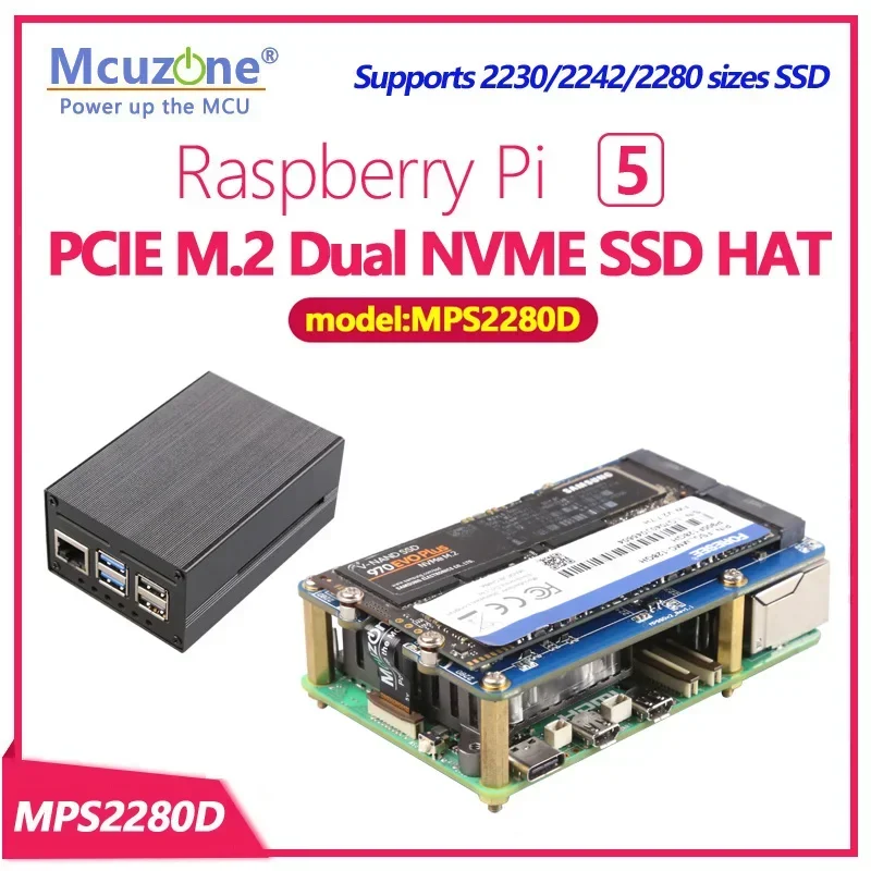 

MPS2280D Raspberry Pi 5 PCIE M.2 Dual NVME SSD HAT support 2280/2242/2230 SSD