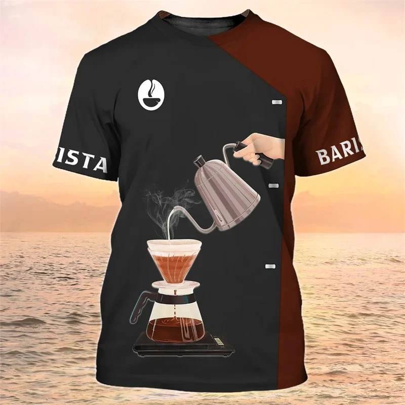 

Barista shirts for men and women, hip-hop uniforms for coffee shops, short-sleeved men's clothing, casual round collars