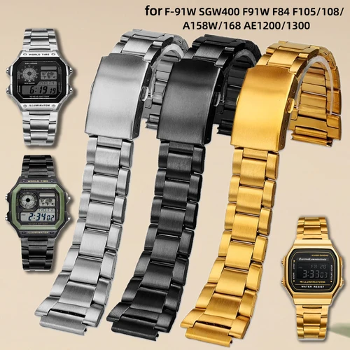 Correa de reloj de acero inoxidable de 18mm para Casio F-91W SGW400 F91W F84 F105/108/A158W/168 AE1200/1300 correa de Metal de acero inoxidable