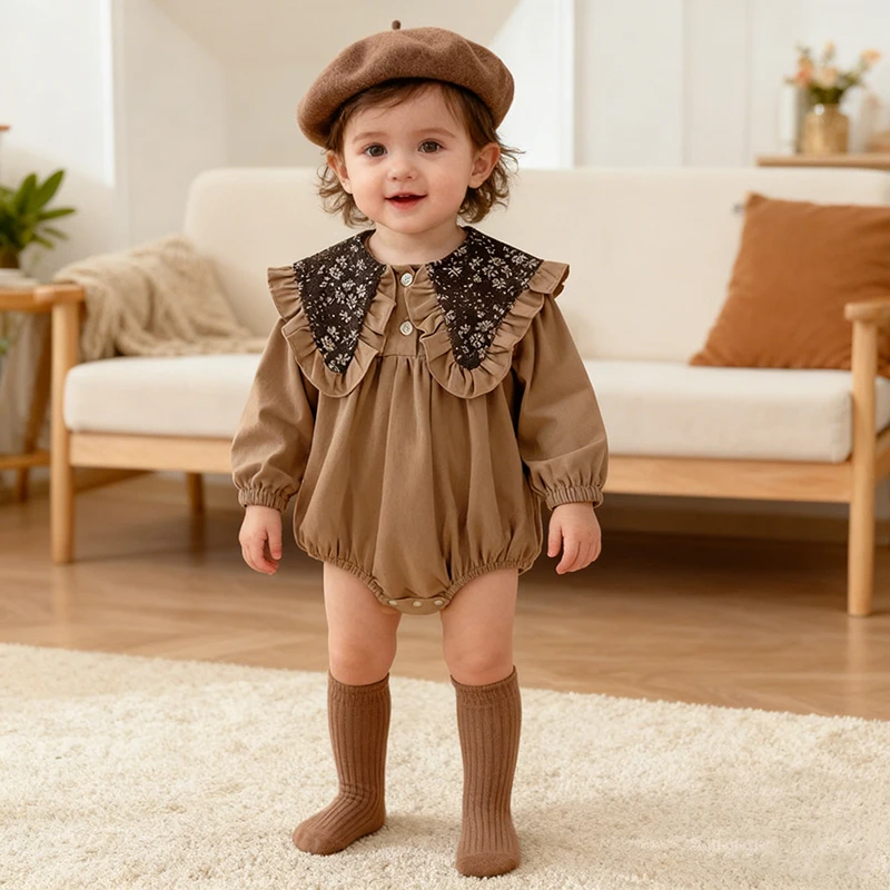 2026 New Spring Kids Baby Girl Cotton Jumpsuit Long Sleeved Retro Lapel Bodysuit Newborn Baby Girl Princess 0-24M Brown Clothes
