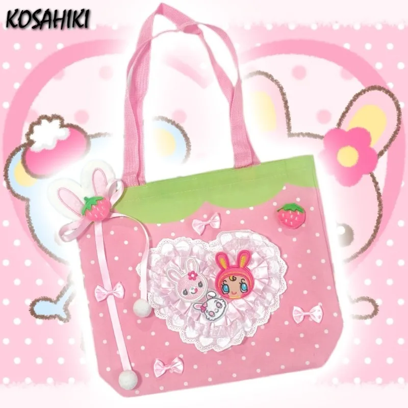 

Lace Patchwork Heart Bow Dots Shoulder Bags Sweet Y2k Aesthetic Contrast Color Underarm Bag Women Cartoon Purses and Handbags