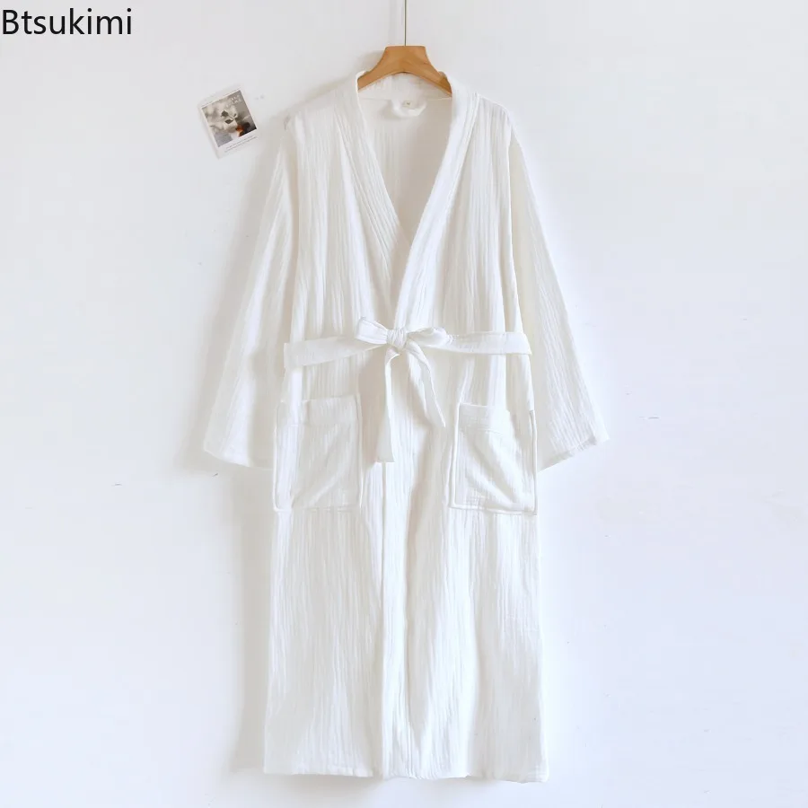 Pure Cotton Four Seasons Three-layer Gauze Bathrobe Men's V Neck Minimalist Loungewear Breathable Solid Color Home Robe bathrobe