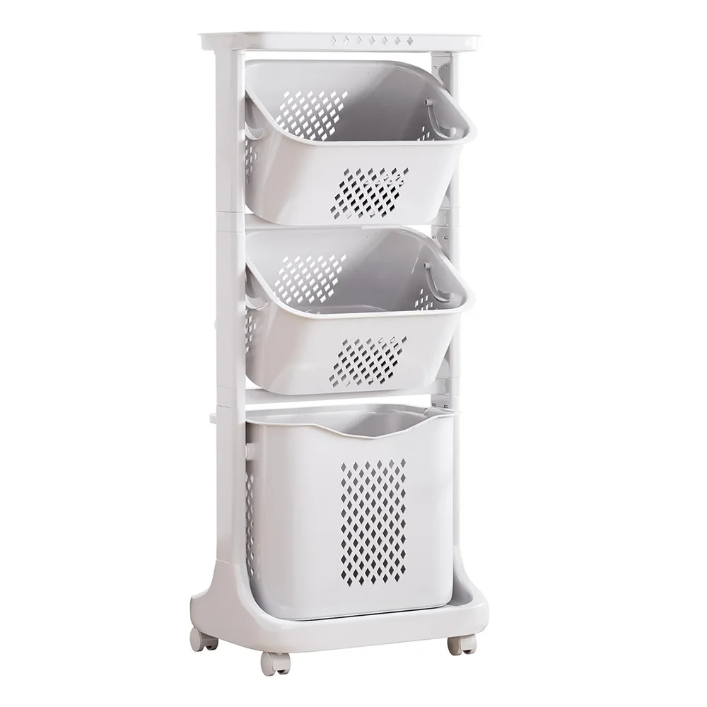 

3 Tier Laundry Baskets Clothes Hamper Rolling Cart with Wheels Portable Storage Baskets Foldable Organizer Removable PP
