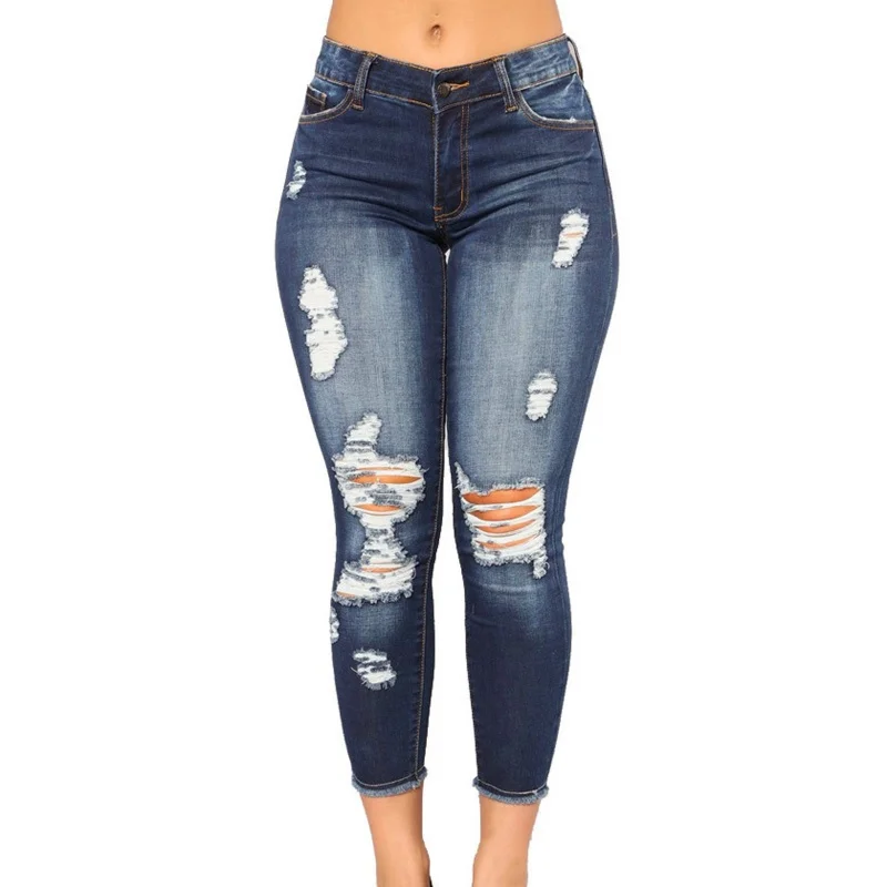 

New Ladies Spring and Summer American Jeans in Europe and the United States High-Waisted Elastic Hole Jeans Slim Sexy Jeans