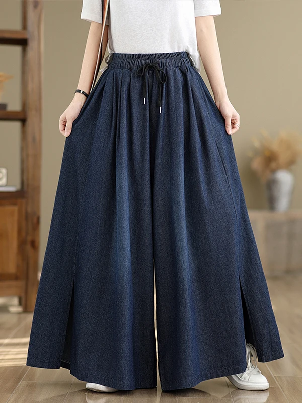 Hoge taille wijde pijpen denim rok broek dames lente zomer casual a-lijn maxi rok zijsplit lange broek losse pasvorm blauw