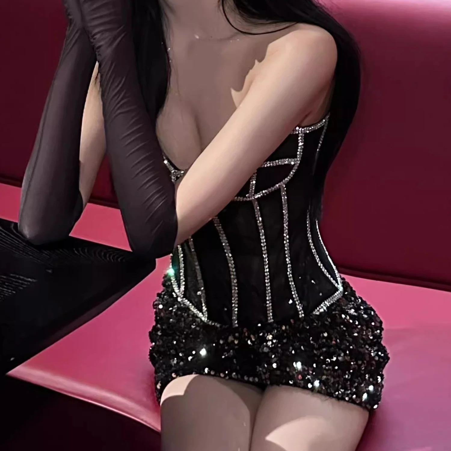 

Luxury Drilled Crystal Female Breathable Mesh Women Corset Slim Bright Rhinestone Vest Sexy Transparent Black Lace Netting