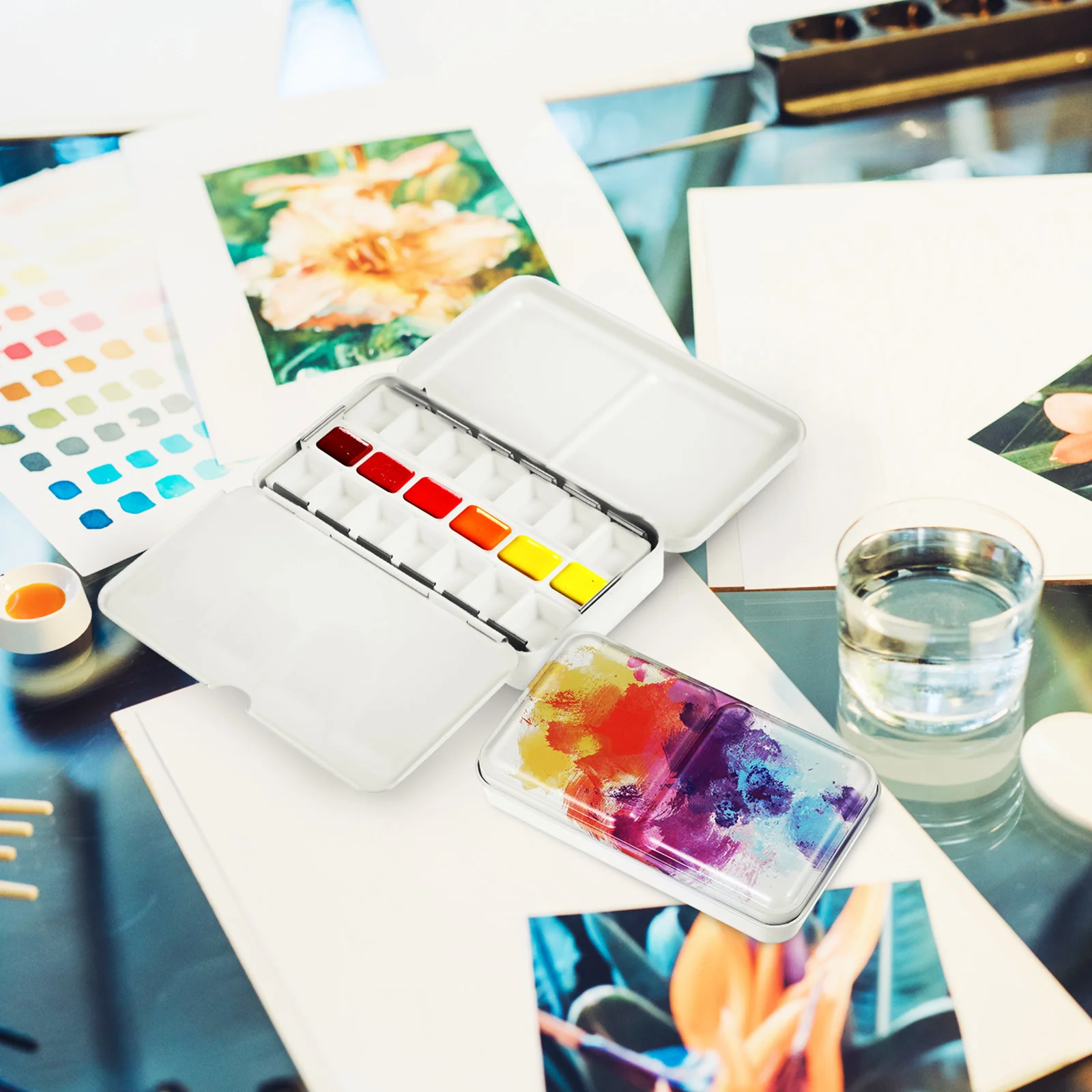 

1 Set Watercolor Paint Box Empty Tin With Half Pans Portable Mixing Tray For Travel Painting Iron Palette Durable Lightweight