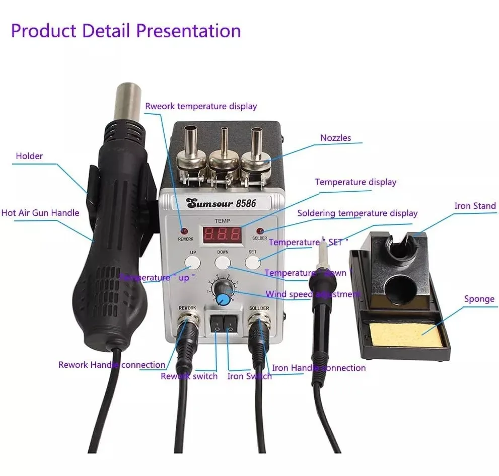 760W Hot Air Gun 8586 2 in 1 Soldering Station Heat Gun SMD BGA Rework Desoldering Solder Station for Phone Welding Repair Tool