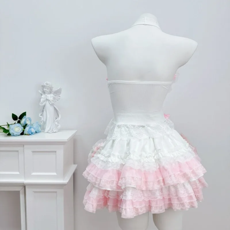 Pink and White Melody Sweet and Spicy Hanging Neck Set for Girls Lolita Lace Cake Short Skirt Soft Girl Cute Two Piece Set view 5