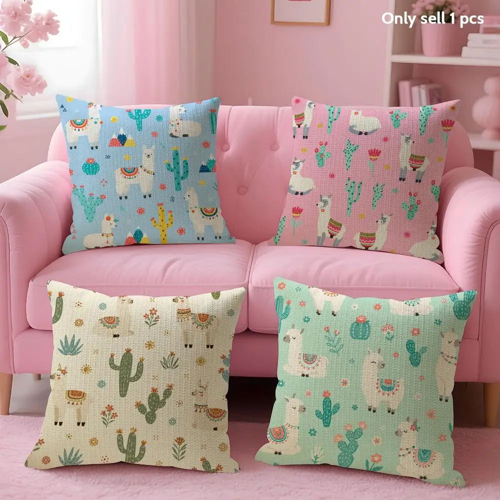 Cute Alpaca Cushion Cover Linen Organic Fabric Double-Sided Printing Sofa Breathable Home Decor Gift Pillow Case