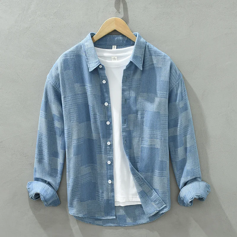 

2132 Spring Fall Fashion Men's Blue Plaid Shirt Vintage Patchwork Long Sleeve Simple Casual Blouse Male Teens Premium Daily Tops