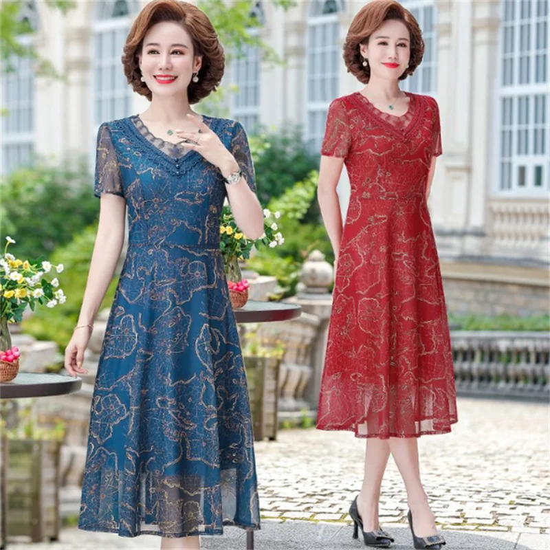 중년 여성 V 칼라 캐주얼 쉬폰 반팔 드레스, 여성 비치 드레스, 미디 드레스